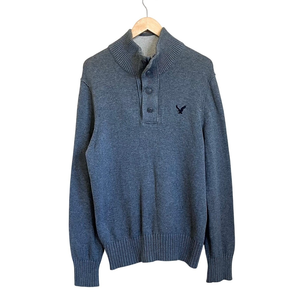 American Eagle Mens Quarter Zip Henley Size M Gray Heritage Y2K Preppy‎ Sweater